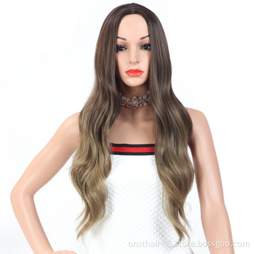 Long Peruvian Body Wave Wigs Ombre Black Brown Blonde Synthetic Wig Cosplay Middle Part Natural Heat Resistant Wig for Women